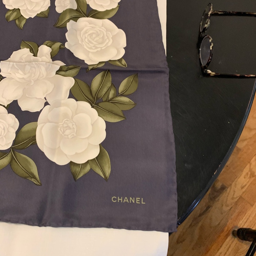 Chanel Dark Blue Flora Silk Scarf